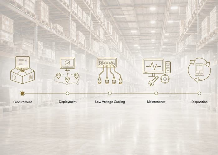 The Full POS Hardware Lifecycle at IW Technologies IW Technologies five service lines on a timeline: procurement, deployment, low voltage cabling, maintenance, disposition.