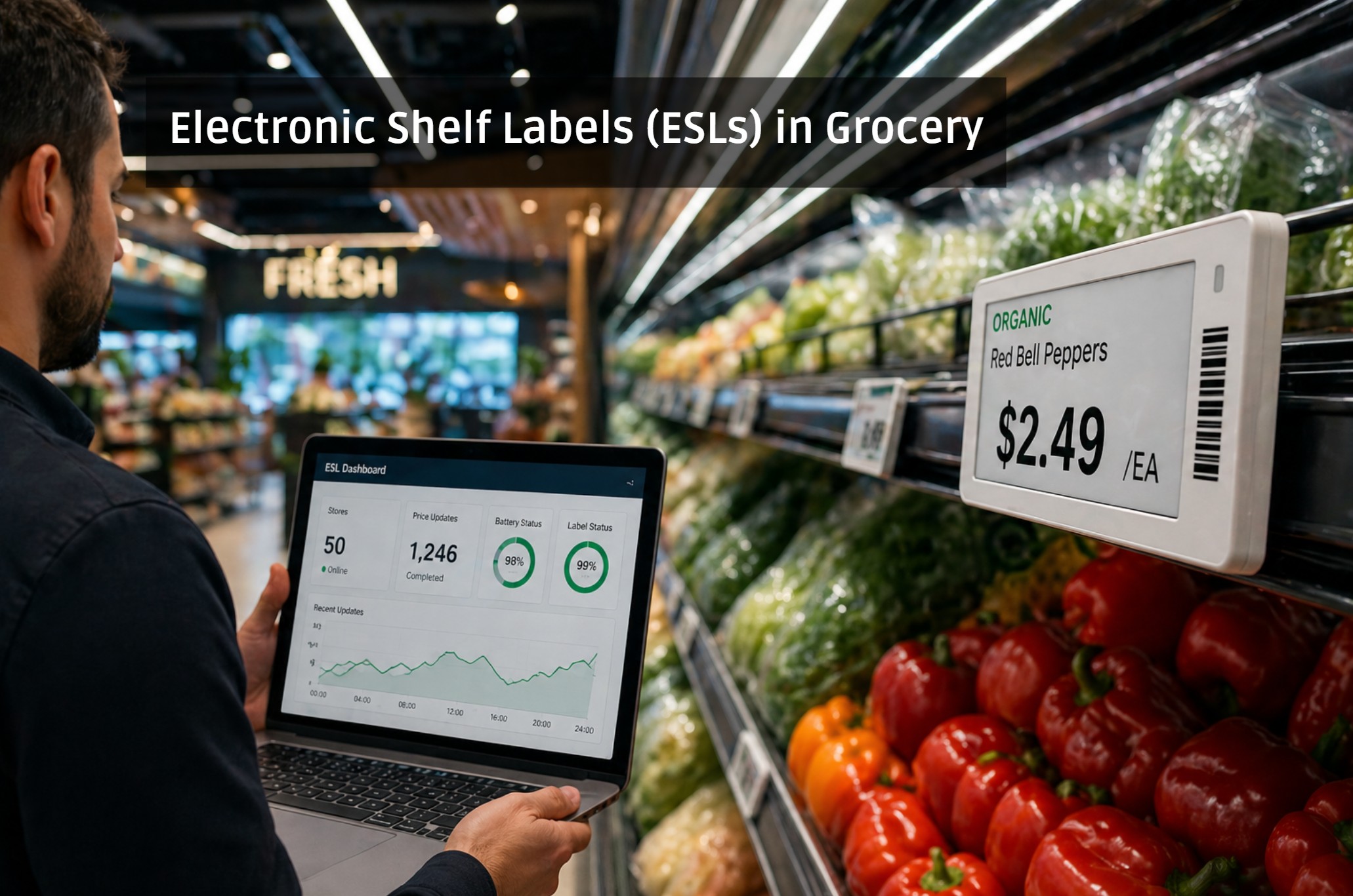 Electronic shelf labels (ESLs) in a modern grocery store showing real-time pricing with employee monitoring data on laptop
