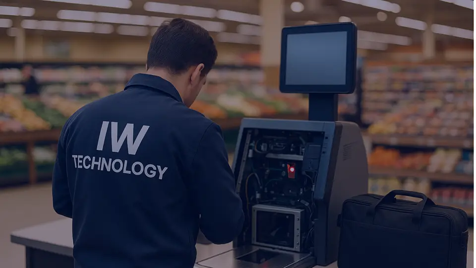 IW Technologies tech working on grocery store POS system
