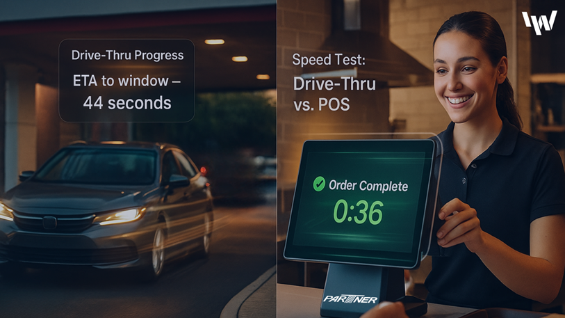 QSR POS speed optimized terminal processing orders quickly at a drive-thru window