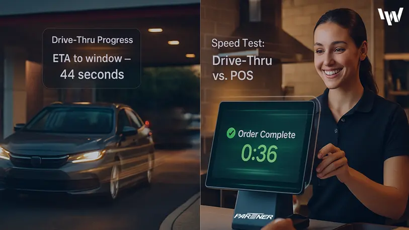 QSR POS speed optimized terminal processing orders quickly at a drive-thru window