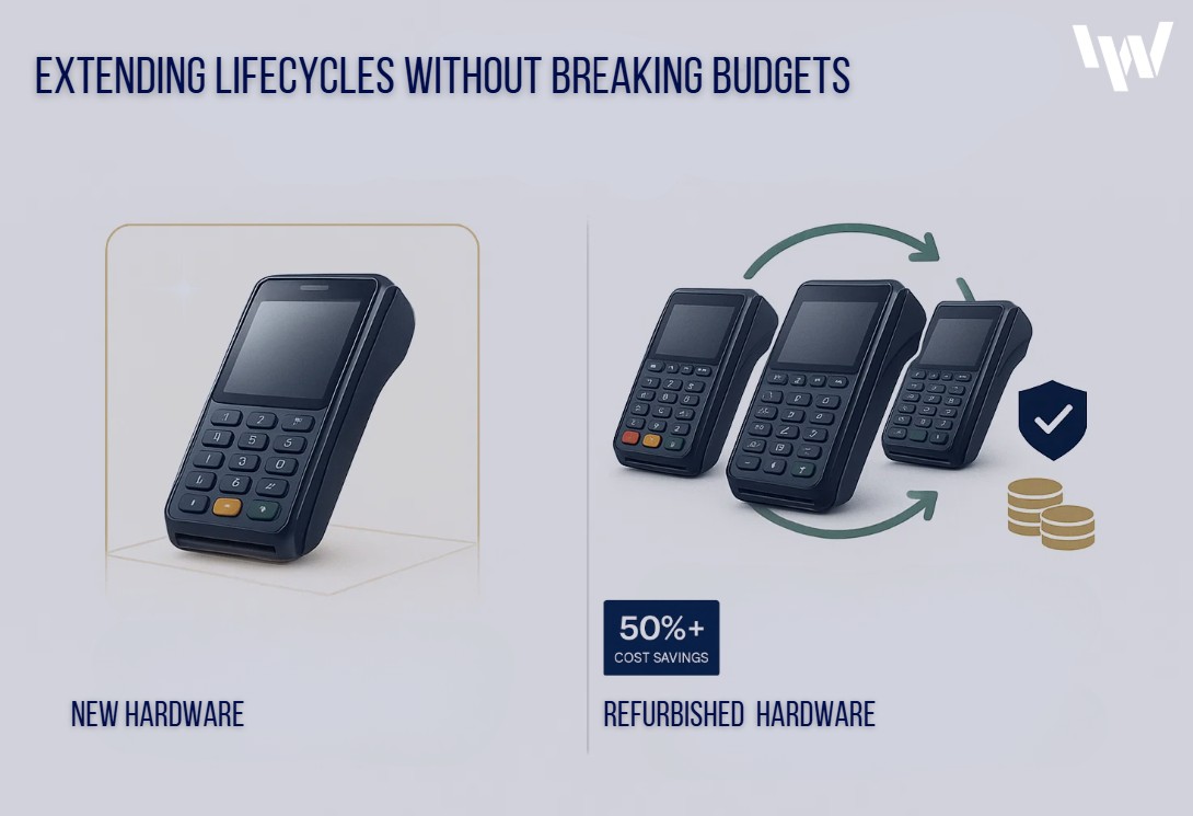 Refurbished Toshiba POS hardware with NCR, HP, Epson, Lenovo, and Oracle systems, highlighting extended lifecycles, 50%+ savings, and reliability in 2025