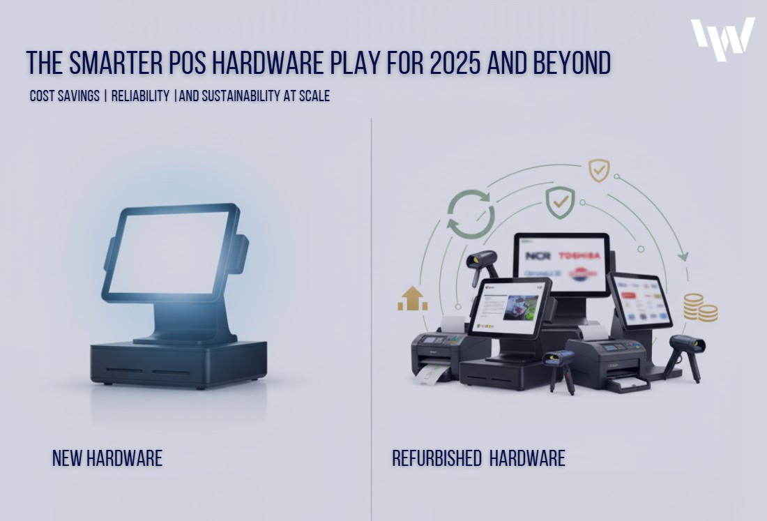 Comparison of new POS vs refurbished POS hardware from NCR, Toshiba, HP, Epson, Lenovo, and Oracle, highlighting cost savings, reliability, and sustainability